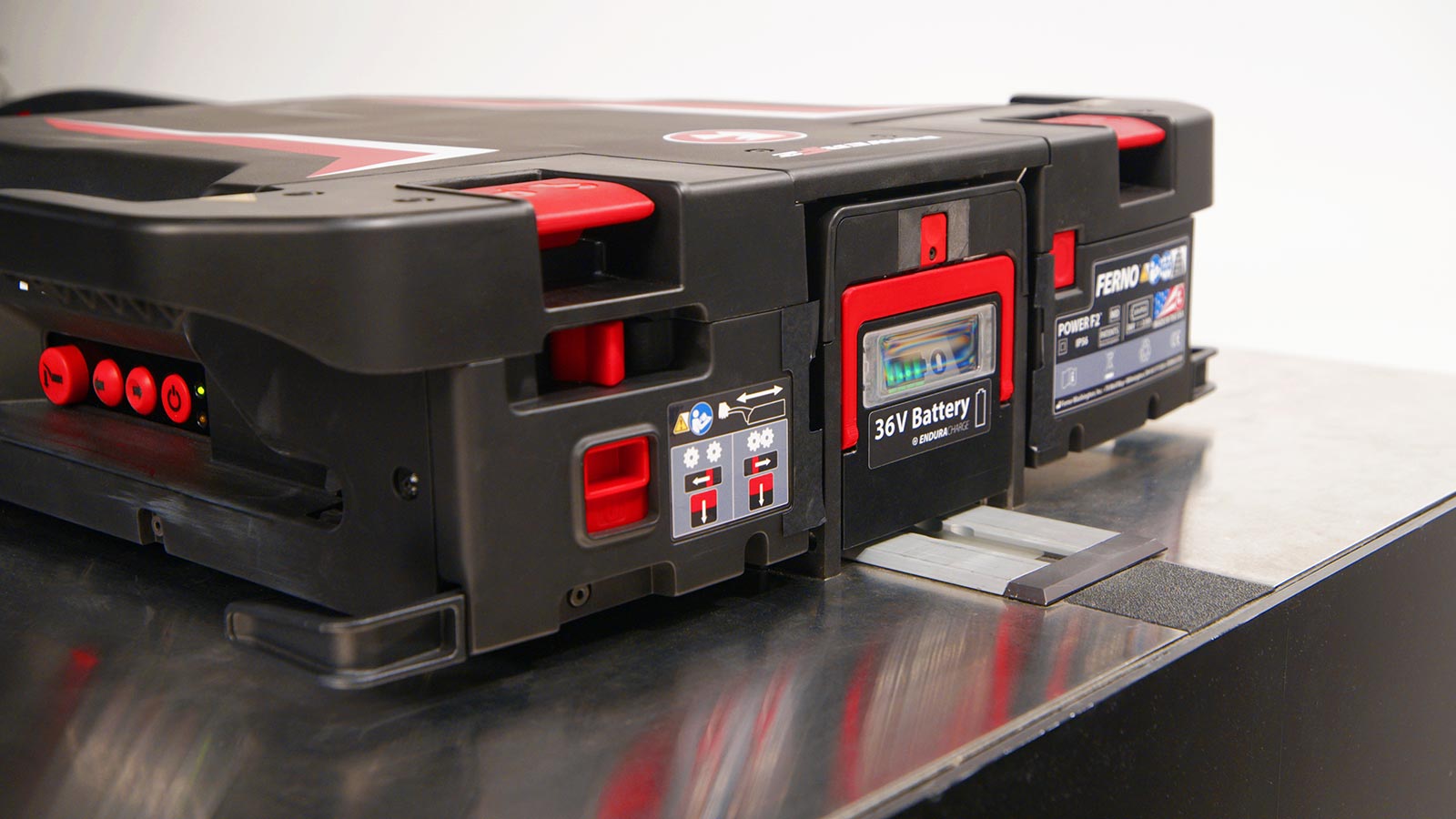 Close-up of the back of the Ferno Power F2 EnduraCharge 36-volt LiFePO4 battery